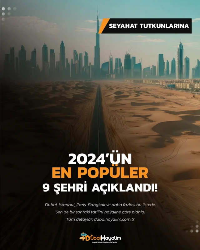 Bangkok’tan İstanbul’a, Paris’ten Dubai’ye milyonlarca gezgin, keşfetmenin heyecanına kapıldı. 🗺️

📌 Dubai Hayalim olarak biz de bu rüyanın bir parçasıyız.
Lüks, konfor ve sınırsız deneyim arayanlar için 2024, yeniden hayal kurma yılı oldu.

📊 Listeler açıklandı; Dubai, 18,2 milyon ziyaretçiyle dünyanın en çok tercih edilen destinasyonları arasında yerini aldı.
Ve biz buradayız:
Hayallerin gerçeğe dönüştüğü yerde, Dubai’de. 🏙️✨

🕌 Çöl safarileri, gökdelen manzaraları, deniz kıyısında gün batımları ve çok daha fazlası için…
📲 Bize ulaş, 2025 seyahatini bugünden planla!

#DubaiHayalim #Turizm2024 #DünyayıKeşfet #EnÇokZiyaretEdilenŞehirler #DubaiTatil #LüksTatiller #SeyahatTrendi